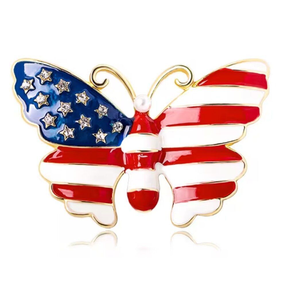 USA Butterfly Flag Brooch Red White & Blue Artificial Diamonds & Pearl Oil Drip - Picture 3 of 5